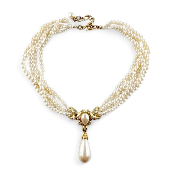 Vintage Teardrop Drop Faux Pearl Rhinestone Accent Beaded Multi Strand Necklace - Picture 1 of 8